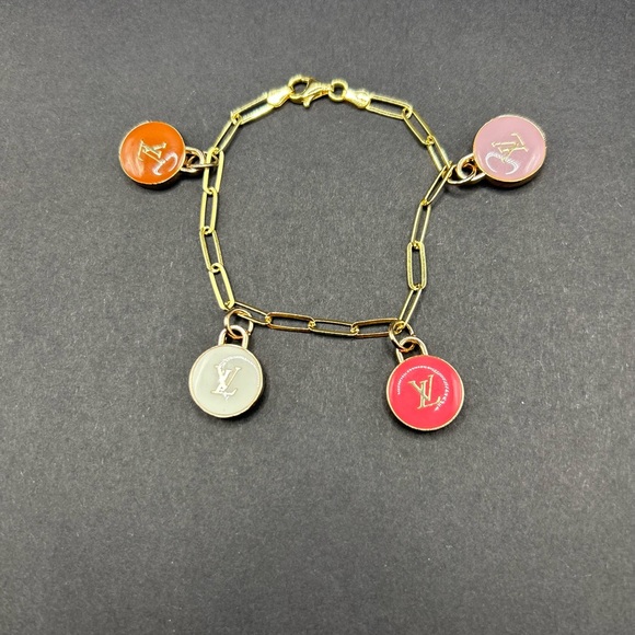 Upcycled  bracelet with 4 LV zipper pull charms on 925 sterling silver bracelet - Picture 2 of 5
